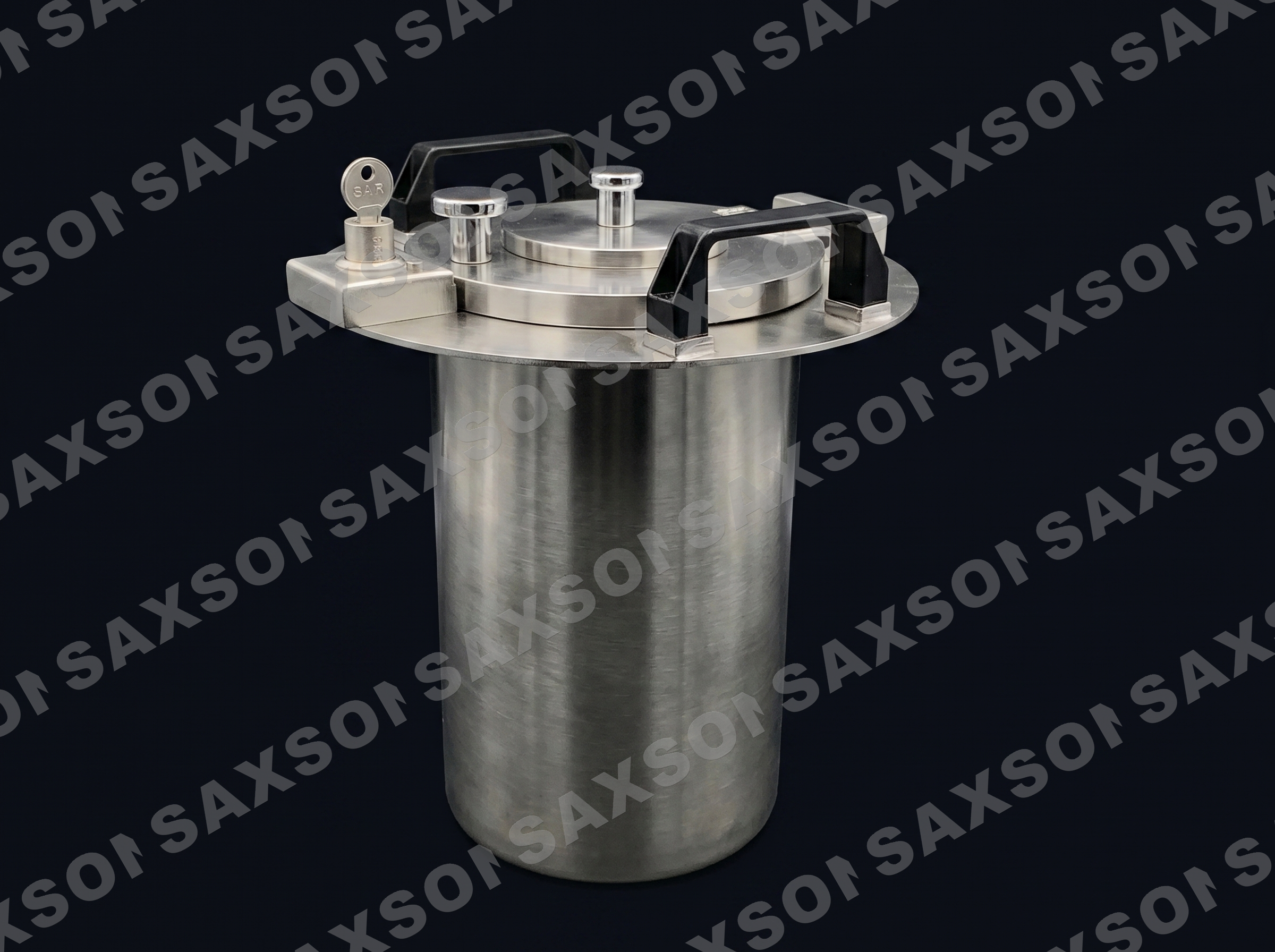 Saxsons sharps container shield — stainless-steel cylindrical chassis with magnetic top-cap closure, lock and hinged lid for radioactive-sharps disposal